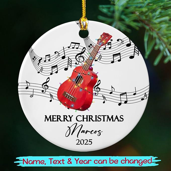 Custom Ukulele Musical Ceramic Xmas Tree Ornament with Name Text Year, Personalized Ukulele Instrument Ornaments Gift for Women Men Friends Husband Wife, Ukulelist Ukuleles Ceramic Christmas Ornament