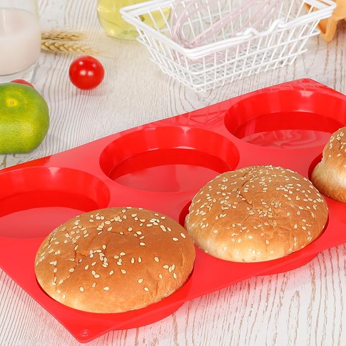 CAKETIME Muffin Top Pan, Jumbo Silicone Egg Molds for Breakfast Sandwiches 4 Inch Round Baking Pan for Oven English Muffins, Whoopie Pies, Corn Bread, Egg bites, Tarts 3 Pack Red