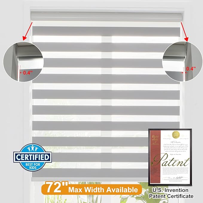 Persilux Window Blinds Cordless, Zebra Roller Shades for Windows (43" W x 72" H, Grey) Light Filtering Sheer Shades Day and Night Window Drapes for Home, Bedroom, Easy to Install…