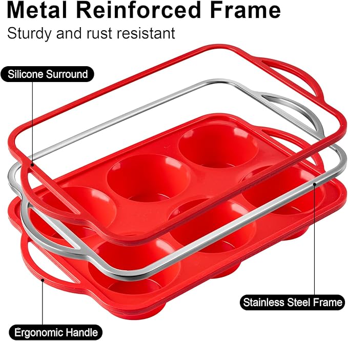 2 Pack Jumbo Muffin Pans with Metal Frame, 6 Cup Large Cupcake Molds with Handles, Silicone Egg Bite Baking Trays, BPA Free & Non-Stick