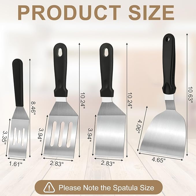 4-Pack Stainless Steel Spatulas for Cast Iron Skillet - Heat Resistant Handle Metal Turner & Scraper Set for Griddle, Pancakes, Burgers and Regular Cookware