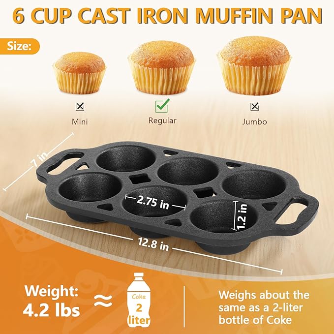 Pre-Seasoned Cast Iron Muffin Pan - 6-Cup Nonstick Cupcake Pan, 2 Piece Set