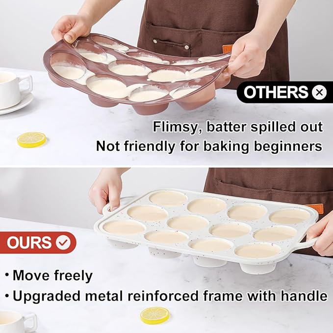 CAKETIME 3 Pack Silicone Bakeware Set, Metal Reinforced Frame Silicone Muffin Pans for Baking Nonstick with Handle,12 & 24 Cup Muffin Pans and 12-Cup Mini Loaf Pan, BPA Free