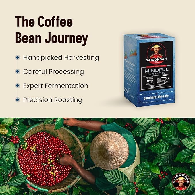 Pour Over Vietnamese Coffee – Saigondan Mindful | Dark Roast | Robusta & Arabica Blend | Instant Specialty Coffee | Small Batch Roasted | Direct Trade | 18 Sachets