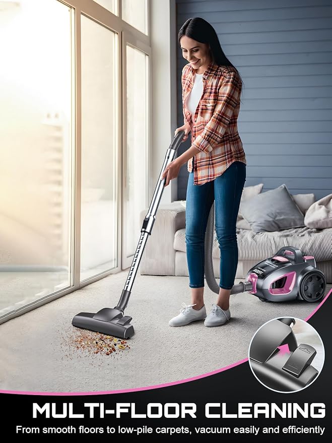 Canister Vacuum Cleaner, 32Kpa 1600W Bagless Vacuum Cleaner, Dust Full Indicator, H13 HEPA Filter, 3.7Qt Large Capacity, Lightweight Vac for Hard Floors, Carpet, Pet, Upholstery, Pink