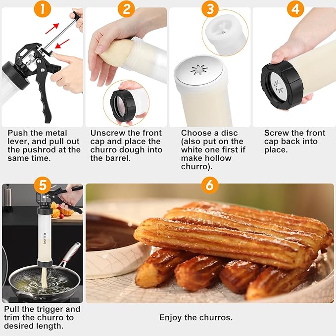 Churro Maker Kit, Hollow Churro Machine, Churro Maker Gun with Piping Bag and 2 Cleaning Brushes, 5 Nozzles for Various Shapes, Máquina para Hacer Churros, Perfect Gift