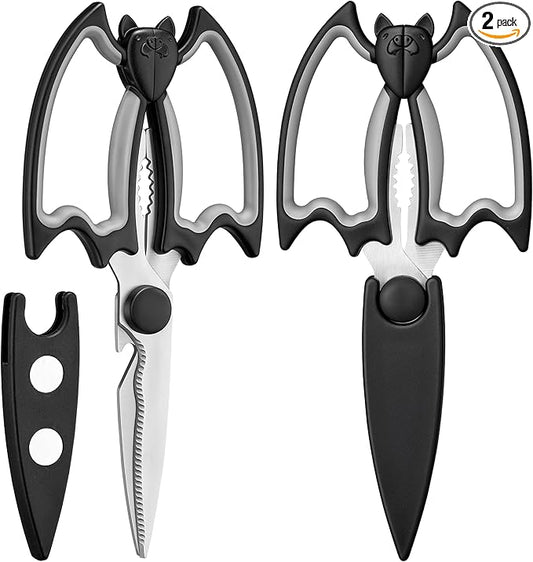 Magnetic Kitchen Scissors All Purpose 2 Pack - Halloween Bat Kitchen Shears - Heavy Duty Stainless Steel Cooking Shears for Cutting Meat, Food, Poultry - Featuring a Magnetic Protective Sheath