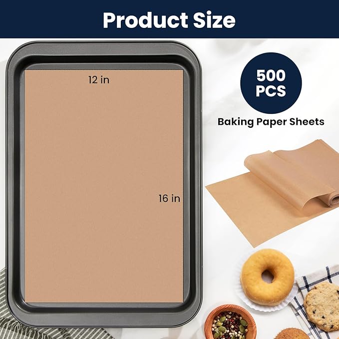 500 PCS Parchment Paper Sheets 12x16 Inch, Unbleached Parchment Paper for Baking, Non-Stick Precut Parchment Sheets for Baking Grilling Frying Steaming