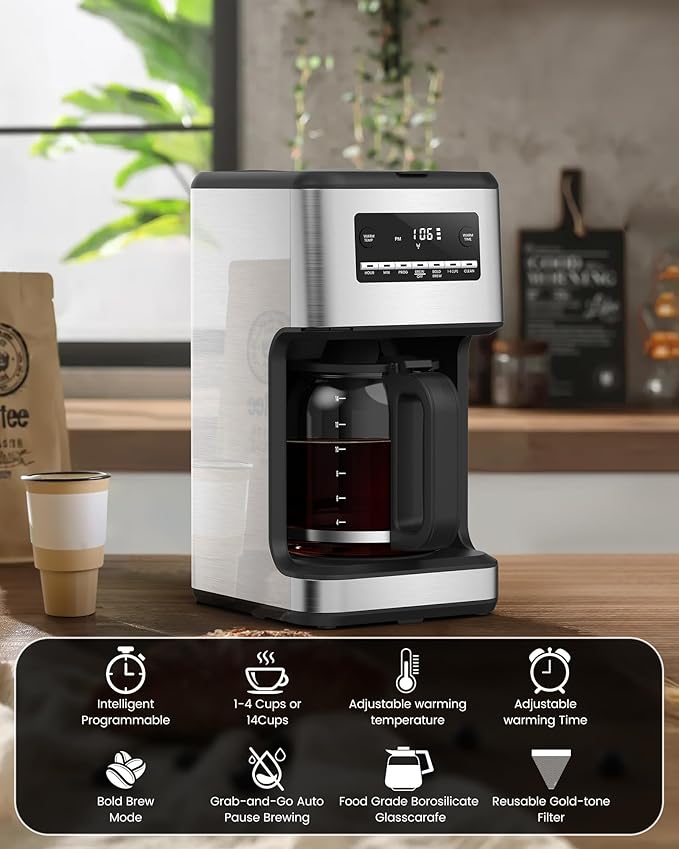 COWSAR 14-Cup Coffee Maker, 24-Hour Programmable Coffee Brewer, Keep Warm, Drip Free, Washable Filter, Stainless Steel, Silver - Commercial Performance