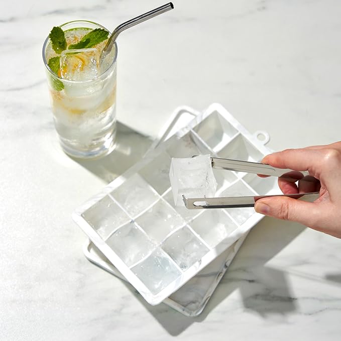 Host Ice Cube Tray with Lid, Makes 15 1.25" Cubes, Durable Silicone Trays, Perfect for Cocktails, Beverages, Mocktails, Iced Coffee, Tea, Infused Water, Kitchen Essentials, Set of 1, Marble
