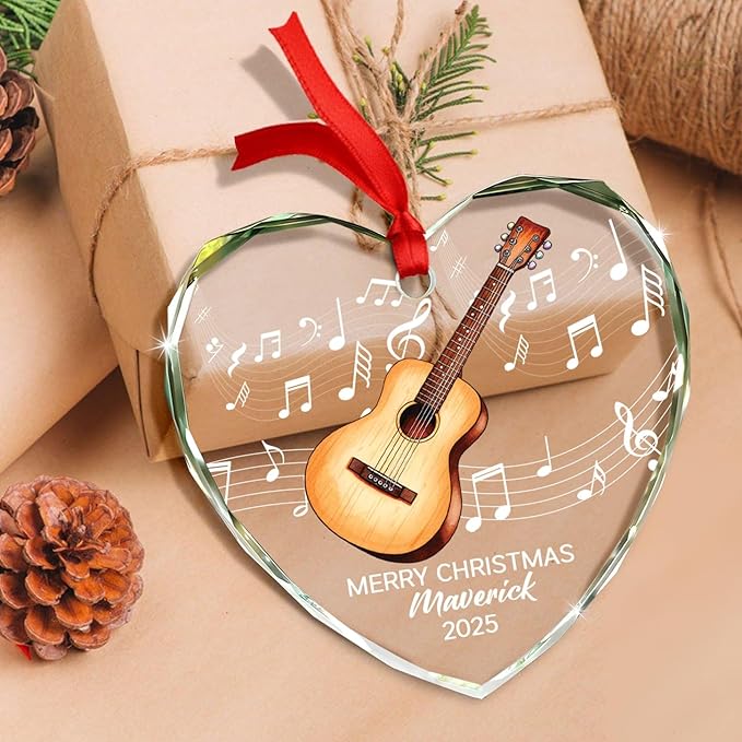 Personalized Guitar Glass Christmas Ornament 2025, Customized Text Year Name Keepsake Ornaments Gift for Guitarist Brother Sister Dad Mom Kids, Unique Guitar Musical Instrument Glass Xmas Ornament