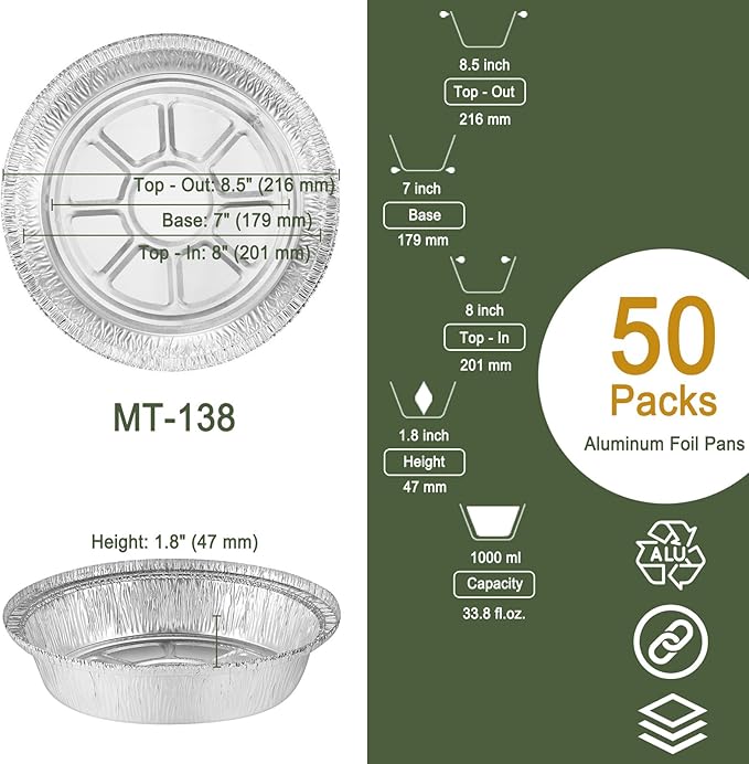 7" Aluminum Foil Pans without Lids 50 Pack of 22.3 oz,Heavy Duty Disposable Containers for Roasting,Storing,Baking,Cooking,Recyclable
