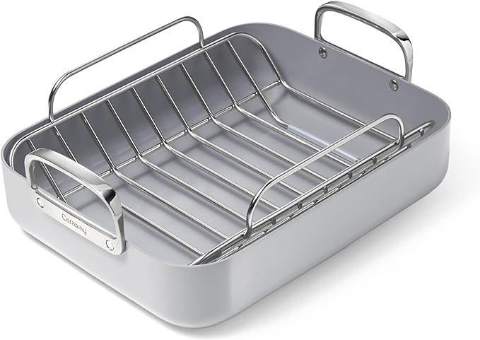 Caraway Roasting Pan - 16x13” Roasting Pan with Rack - Non-Stick Ceramic Coated - Non Toxic, PTFE & PFOA Free - Oven Safe & Compatible with All Stovetops - Gray