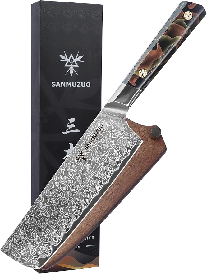 Kitchen Nakiri Knife 7 Inch, Professional Kitchen Chef Knife, Ultra Sharp Damascus Powder Steel with Full-tang Resin Handle, Bi Series