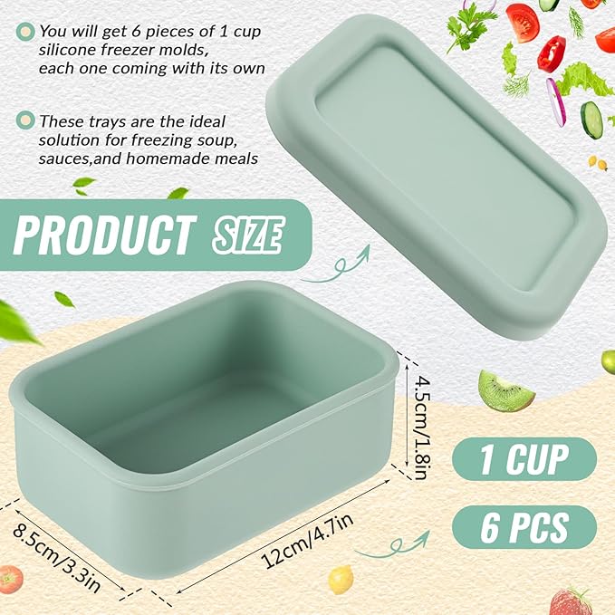 6 Packs 1 Cup Silicone Soup Freezer Molds with Lid Silicone Soup Freezer Trays Rectangle Reusable Food Preserving Tray Freezing Sauces Stews(Sage Green, Beige)