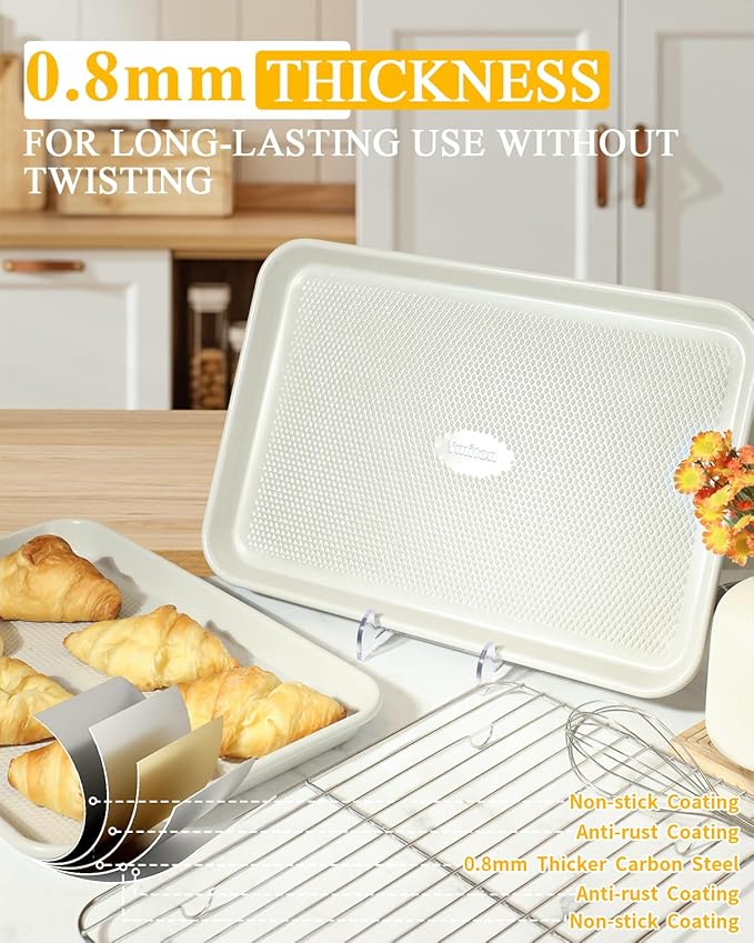 Nonstick Baking Sheet Pan Set (2 Cookie Sheets + 1 Cooling Rack), Jelly Roll Pan for Baking Roasting, Size 15 x 10 x 1 Inch, Warp-Free, Easy Clean, Dishwasher Safe