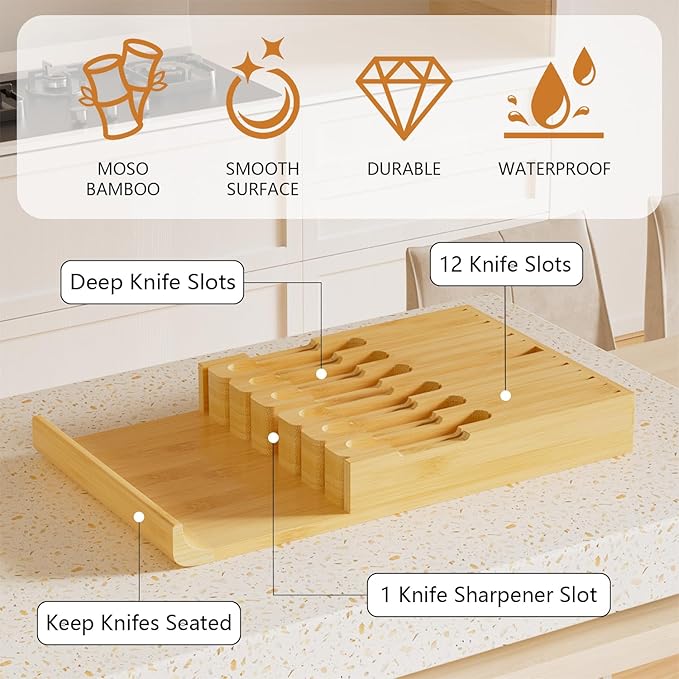 Domax Bamboo In-drawer Knife Block - Knife Drawer Organizer Insert Large Handle Steak Knife Holder, Kitchen Drawer Knife Organizer Fits for 12 knives and 1 Sharpening Steel (Not Included)
