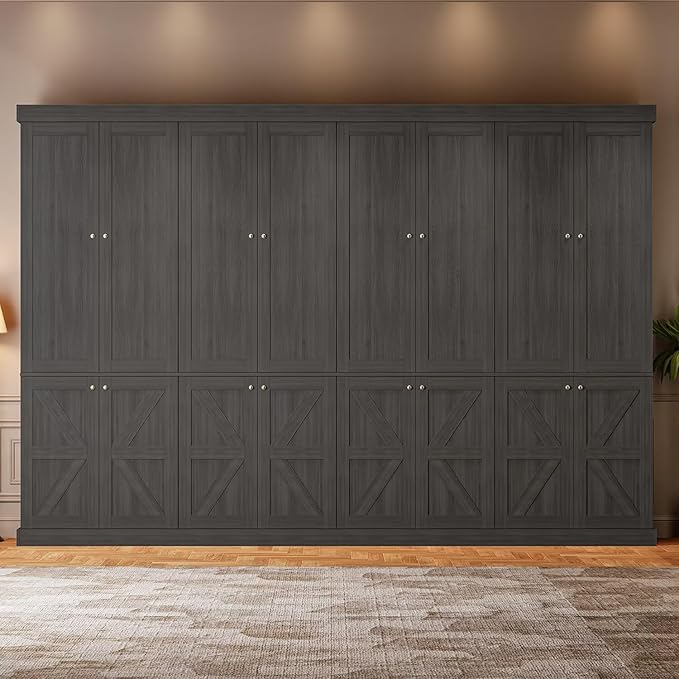 70.8" Tall Bookshelf with Doors, Farmhouse Modular Bookcase with 4-Tier Adjustable Shelves, Large Storage Cabinet for Home Office, Living Room, Black, Set of 4