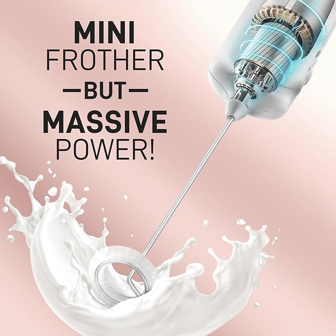 Mini & Mighty Milk Frother Wand – Powerful Handheld Coffee Frother, Battery Operated Drink Mixer – Compact Pocket Size – Detachable Whisk for Latte, Cappuccino, Matcha, Hot Chocolate – White Marble