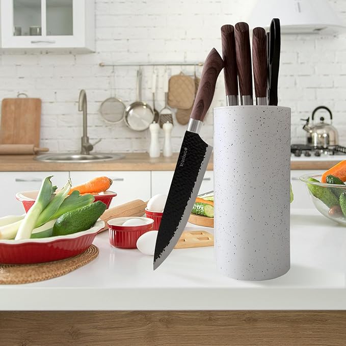 Universal Knife Block Holder, Toosbuc Round Knife Holder Without Knives,Safe & Detachable,Space Saver Knife Storage,Countertop Organizer for Kitchen (White Snowflake Dots)