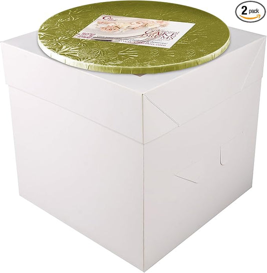 Cakebon Cake Boxes with Boards - 12 Inch Round Cake Drum Gold (1-pack) - Box With Window for Birthdays, Weddings and Parties