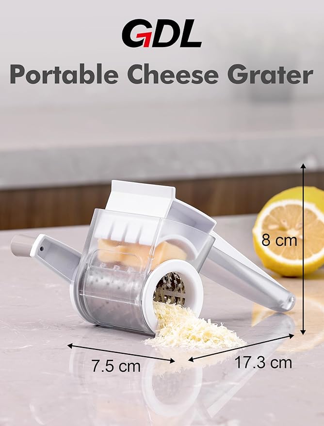 GDL Cheese Grater Hand Crank, Kitchen Rotary Grater Handheld, Dishwasher Safe Parmesan Cheese Grater with Stainless Steel Blade for Hard Cheese,Chocolate,Nuts, White