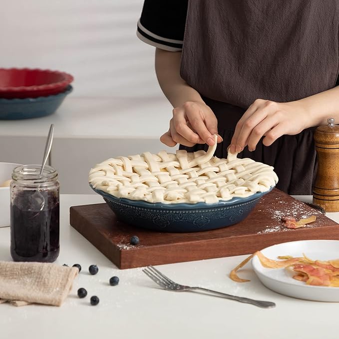 Fun Elements Pie Pan, 9 Inch Ceramic Pie Dish, Deep Dish Pie Pan with Lace Emboss, Ruffled Pie Plate for Baking, Thanksgiving Christmas Gifts(Grayish Blue)