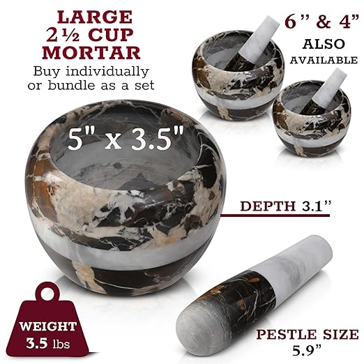 Gusto Nostro Natural Marble Mortar and Pestle Set | 5 Inch - 2.5 Cup Large Mortar Pestle Set for Grinding Herbs, Nuts, Grains | Pesto Grinding and Guacamole Stone Bowl | Marble Spice Crusher