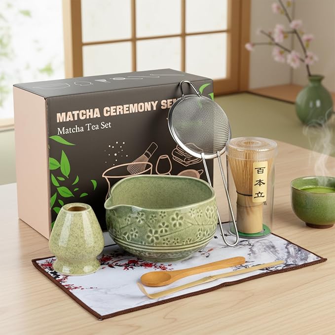 Matcha Whisk Set - Ceramic Matcha Set Includes Matcha Bowl, Whisk and Holder, Bamboo Scoop, Scoop Rest, Sifter and Tea Towel - 7 Pcs Ceremonial Gift Kit for Matcha Lovers (Floral Green)