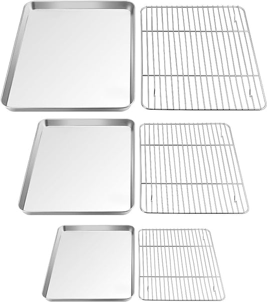 TeamFar Baking Sheet with Rack Set (3 Pans + 3 Racks), 16/12.5/9 Inch Stainless Steel Cookie Sheets Baking Pans Trays and Cooling Racks for Cooking Roasting, Non-Toxic & Heavy Duty, Dishwasher Safe