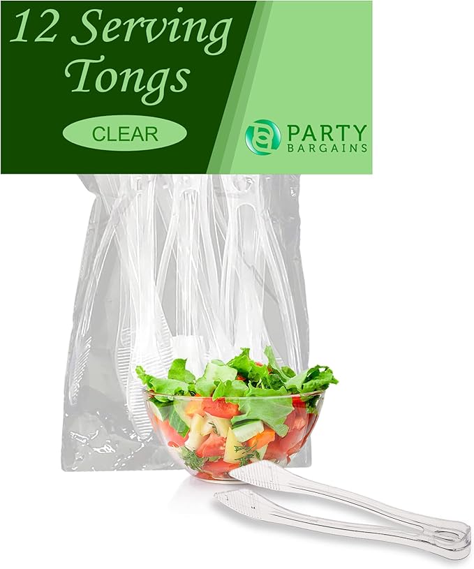 PARTY BARGAINS 8.5 Inches Plastic Serving Tongs, 12 Pack, Premium Quality & Heavy-Duty Clear Plastic Tongs for BBQ, Salads, Grilling, Buffets, Kitchen