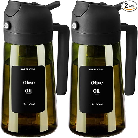 2PCS Olive Oil Dispenser and Oil Sprayer – 16oz/470ml Glass Light-Proof Oil Pourer for Kitchen, Air Fryer, Cooking, Salad, and BBQ