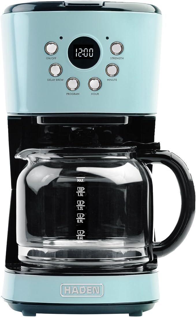Haden Coffee Machine, 12 Cup Programmable Drip Coffee Maker with Auto Shut-Off Function and Reusable Washable Water Filter, Turquoise & Chrome