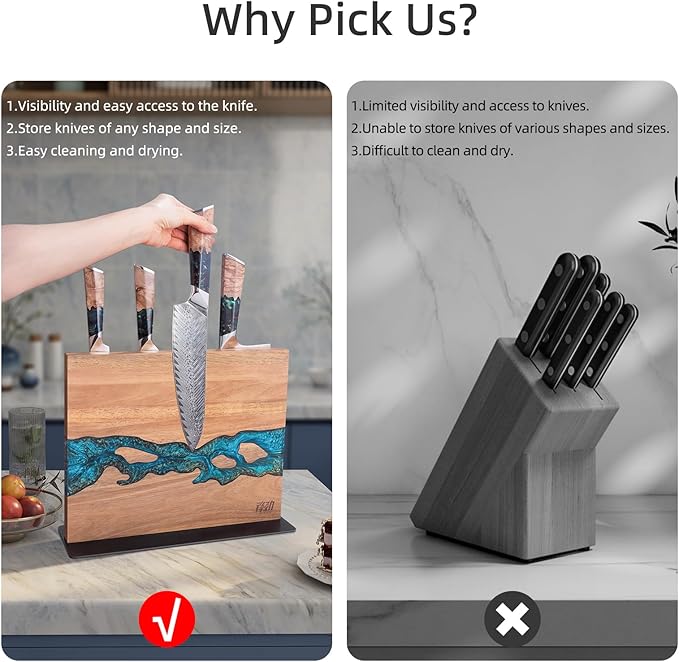 FINDKING Magnetic Knife Block, Double Sided Holder, Powerful Magnet Kitchen Storage, Acacia Wood and Blue Resin (12 x 10 Inches, Without Knives)