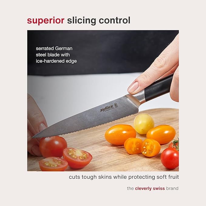 Zyliss Comfort Pro Serrated Paring Knife - Full Tang Vegetable & Bread Knife - Ice Hardened Stainless Steel Serrated Knife - Cutlery with Antibacterial Handle - Black/Stainless Steel - 4.5 Inches