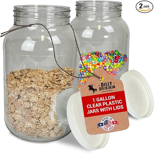 1 Gallon Large Plastic Jars with Lids (2 Pack) - Food Safe & Air Tight - Large Clear Plastic Containers with Lids - Wide Mouth Food Storage Jars - Kitchen & Pantry Organization by Billy Buckskin