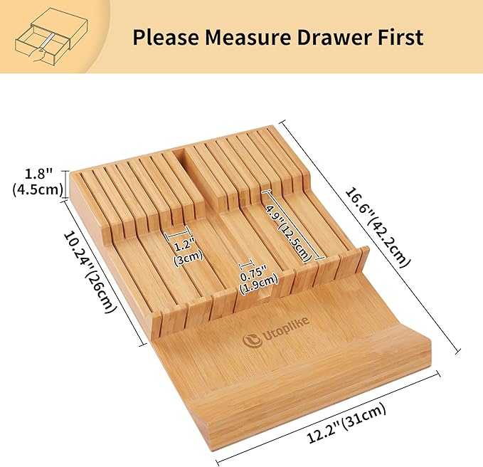 Utoplike In-drawer Knife Block Bamboo Kitchen Knife Drawer Organizer Large, Handle Steak knife Holder without Knives, Fit for 16 Knives and 1 Sharpening Steel (Knives & Sharpening Not Included)