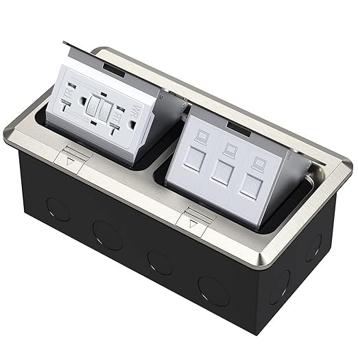 KYHSHJ Dual Pop-Up Floor Electrical Outlet Box Kit，20 Amp Stainless Steel GFCI TR Receptacle Outlet，3-Port RJ45 Datacom Receptacle，Waterproof Gasket with IP44 Waterproof Rating, Stainless Steel Color
