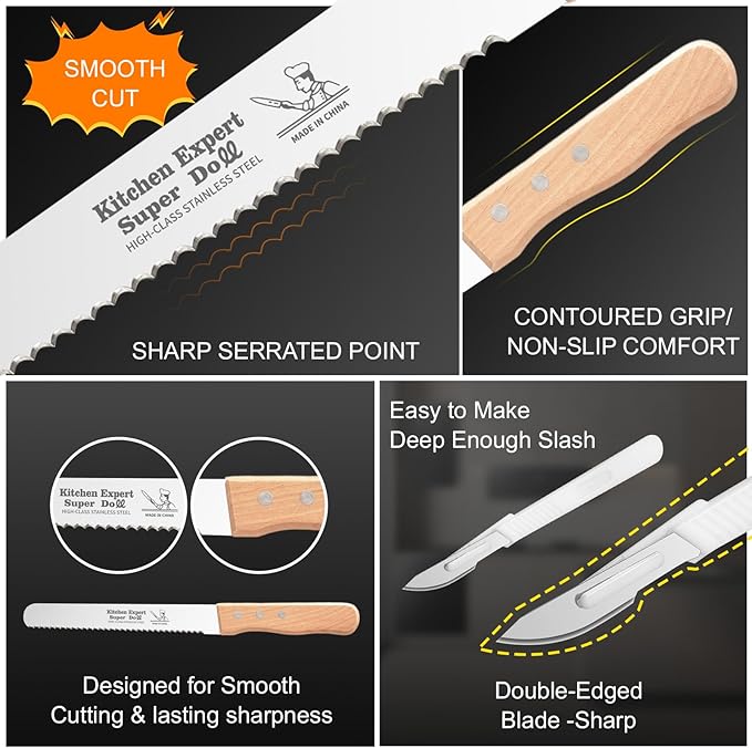2-Pack Bread Knife & Bread Lame Set: 10" Premium Stainless Steel Serrated Knives Blade with Wood Handle for Homemade Bread, Sourdough Tomato, Bagel + Dough Scoring Tool for Razor Sharp Carving