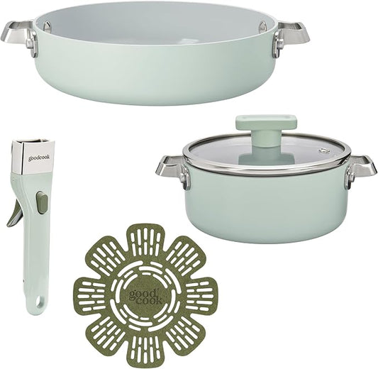 GoodCook Ceramic Cookware Set, Made without PFAS, PTFE, PFOA, Lead & Cadmium, Induction Compatible, Nonstick and Oven Safe with Removable Handle and 8-Inch Frypan, 5-Piece, Mint Green