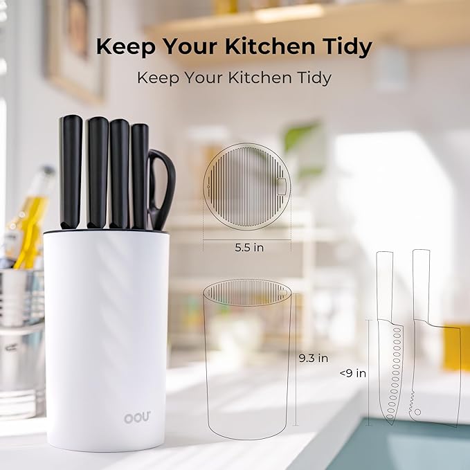 OOU Universal Knife Block Holder - Round Kitchen Knife Storage Unique Slot Design to Protect Blades, Space Saver Knife Organizer Detachable for Easy Cleaning, White
