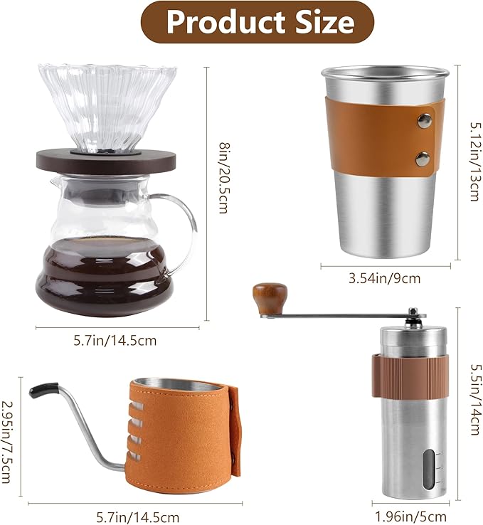 LHS Pour Over Coffee Maker Set - 4 Piece Kit Includes Gooseneck Kettle, Removable Coffee Mill Grinder, 500ML Cup & Coffee Dripper Brewer with Lid, Perfect for Home Brewing and Travel