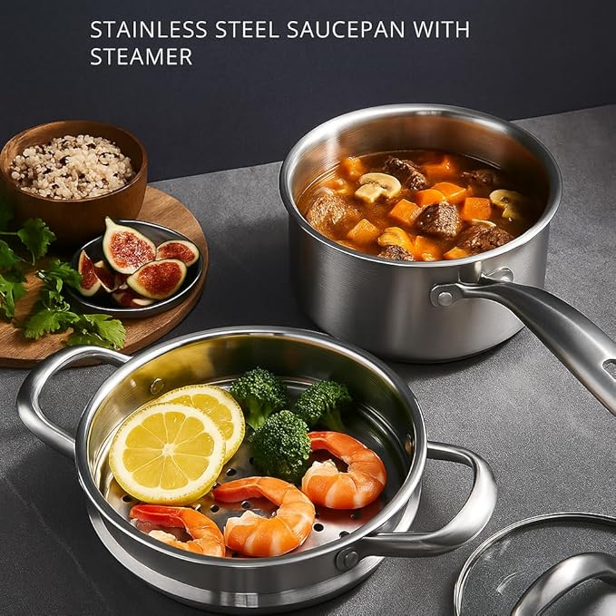 Stainless Steel Small Brushed Saucepan With Lid, Induction Cooking Sauce Pot Pans, 18/10Tri-Ply Heavy Bottom Saucier Cookware, Dishwasher Safe & Oven Safe (2.5QT)