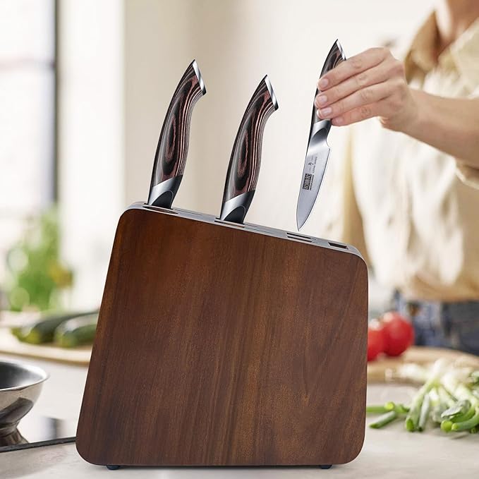HOSHANHO Magnetic Knife Block 10 x 9 Inches, Double Sided Magnetic Knife Holder and Kitchen Knife Organizer Storage, 7 Slots Acacia Wood Universal Knife Block for Chefs