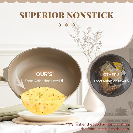 PRICUSIS Nonstick Frying Pan, 8/10/12 Inch Skillet with Stay Cool Handle, Stain/Scratch/Crack Proof, Induction Compatible & Oven Safe, Dishwasher Safe, PTFE & PFOA Free (12-Inch, Natural Linen)