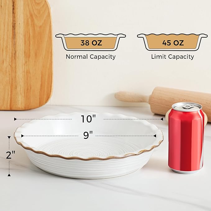Frewinky Ceramic Pie Pan for Baking, 9 inch Pie Dish with Ruffled Edge, Nonstick Deep Pie Plate, Farmhouse Decor Quiche Tart Baking Dish for Thanksgiving, Microwave & Oven Safe, Set of 1
