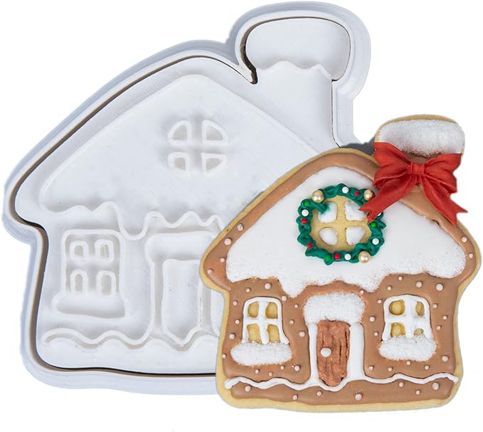 Flycalf Christmas Cookie Cutters House Shapes with Plunger Stamps Holiday PLA Baking Accessories Cutter Molds Gifts Decorative Party 3.5" Kitchen Cake Supplies