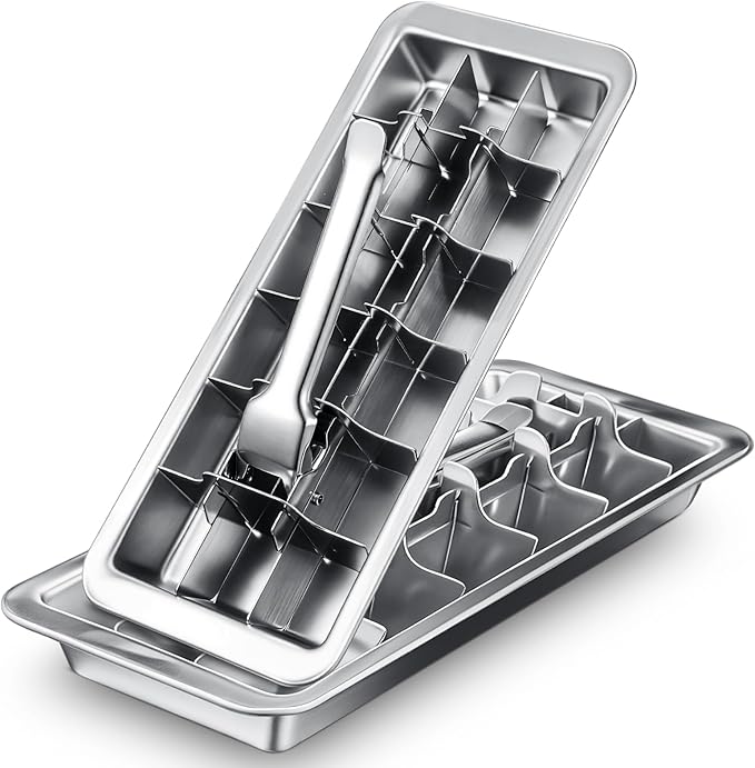2 Pcs 18 Slot Stainless Steel Ice Cube Maker and Tray Ice Cube Tray for Bars Kitchens Levers Remove Cubes Easy Removal Metal Food Grade Freezer Molds for Food Juice Dishwasher Safe