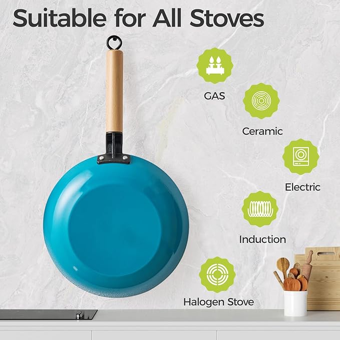 YUTANN 10" Enameled Non-Stick Cast Iron Skillet, Egg Frying Pan with Removable Wooden Handle, PFAS/PFOA Free, Dishwasher & Oven Safe (500°F)