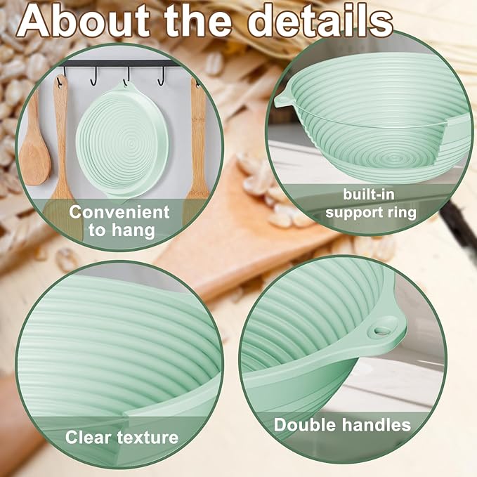 Upgraded Silicone Sourdough Bread Proofing Basket with Handles - Reinforced Rim Support, 9 Inch Round Foldable Bowls for Sourdough Bread Baking, Oven & Dishwasher Safe-BPA Free (Green)